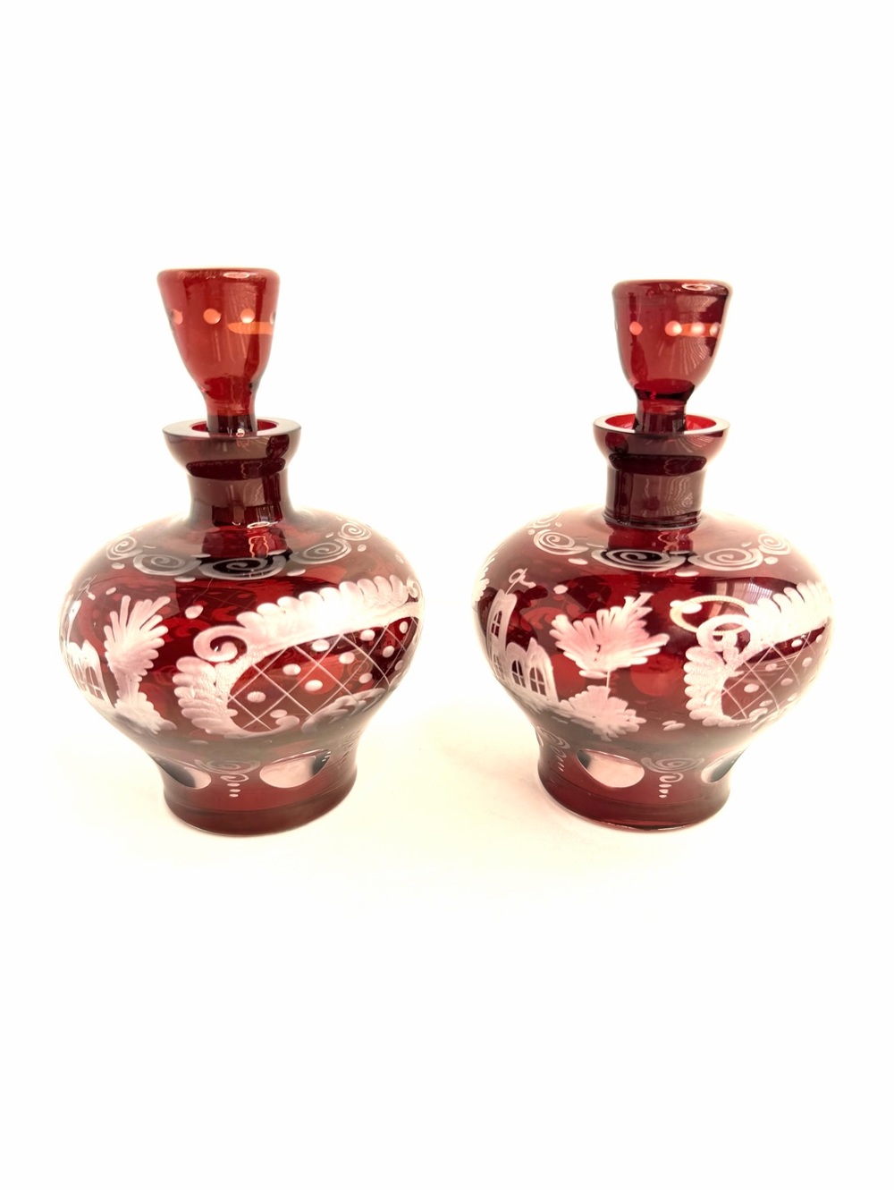 Egermann Ruby Cut To Clear Bohemian CZECH ART GLASS Bottles w/ Stoppers Set of 2 - Picture 16 of 16